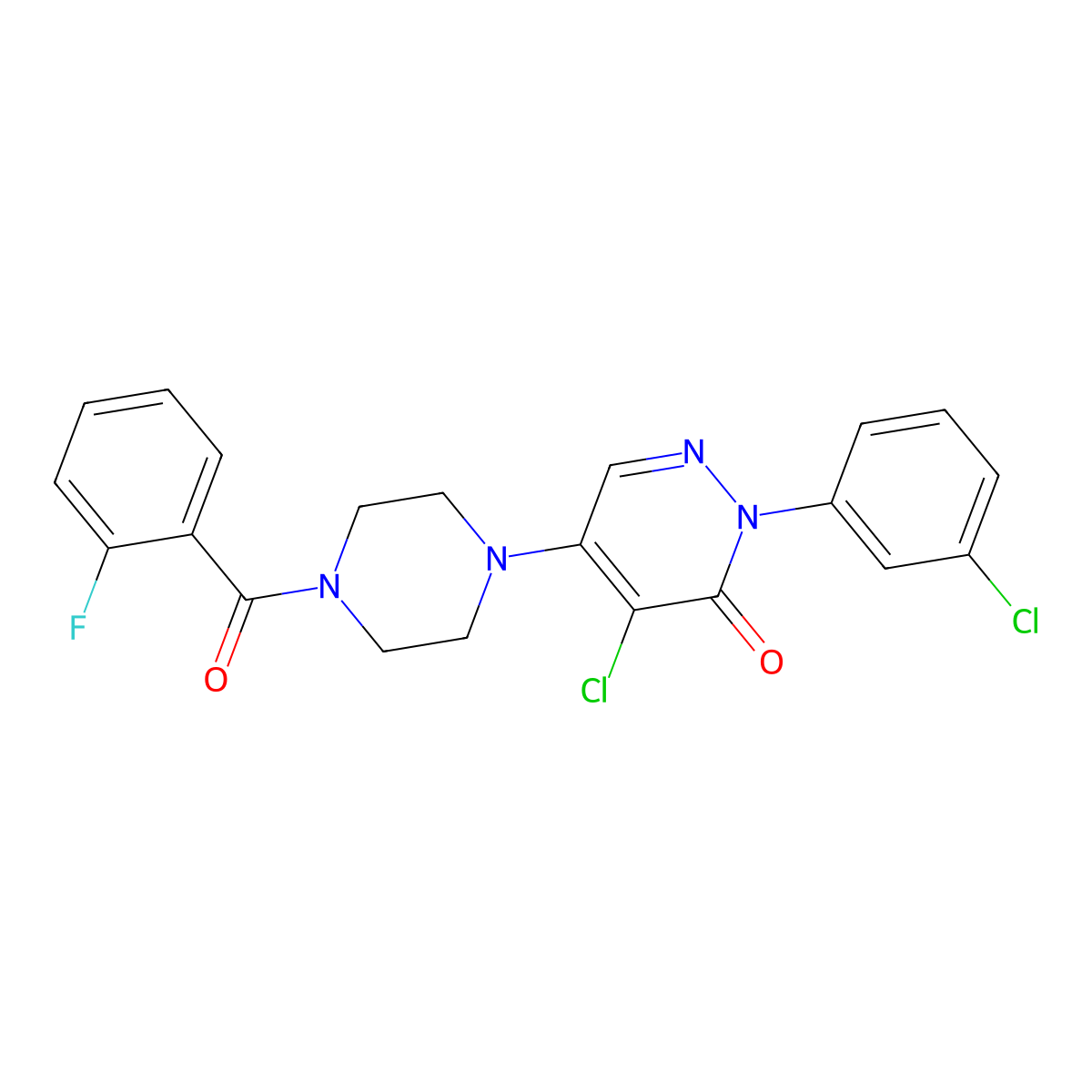 4-Chloro-2-(3-chlorophenyl)-5-[4-(2-fluorobenzoyl)piperazin-1-yl]pyridazin-3-one molecular structure, CAS 477867-40-6