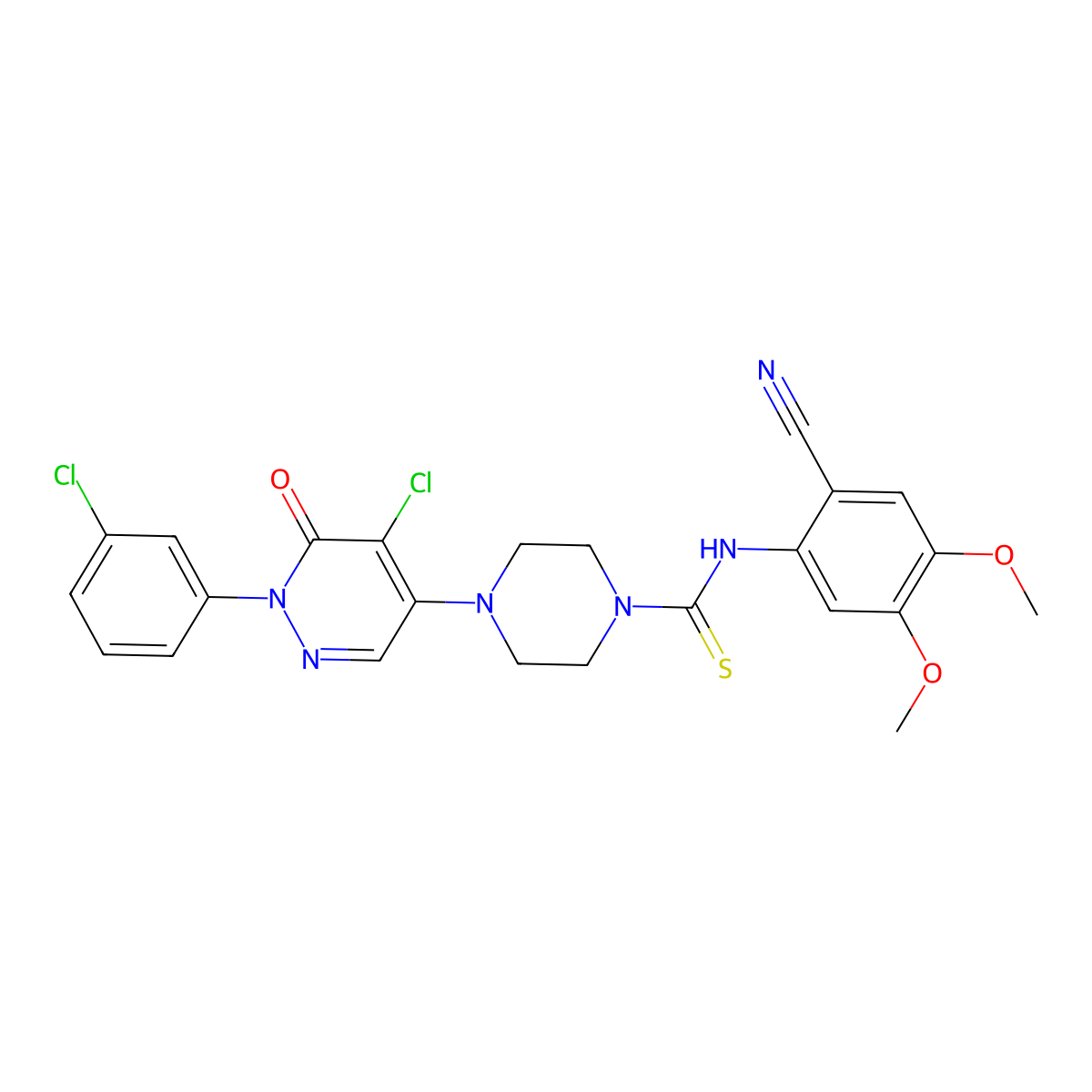 4-[5-chloro-1-(3-chlorophenyl)-6-oxopyridazin-4-yl]-N-(2-cyano-4,5-dimethoxyphenyl)piperazine-1-carbothioamide molecular structure, CAS 477867-42-8