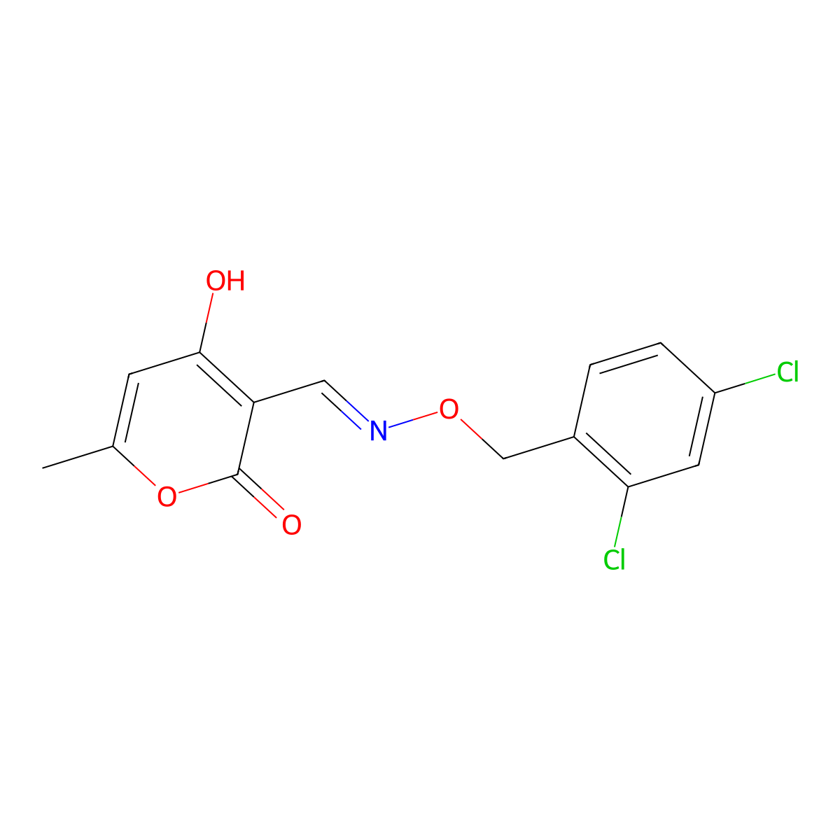 4-hydroxy-6-methyl-2-oxo-2H-pyran-3-carbaldehyde O-(2,4-dichlorobenzyl)oxime molecular structure, CAS 477868-26-1