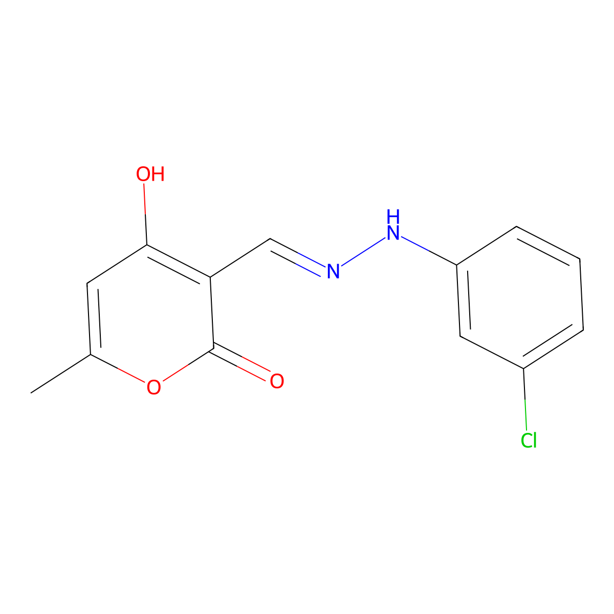4-hydroxy-6-methyl-2-oxo-2H-pyran-3-carbaldehyde N-(3-chlorophenyl)hydrazone molecular structure, CAS 477868-39-6