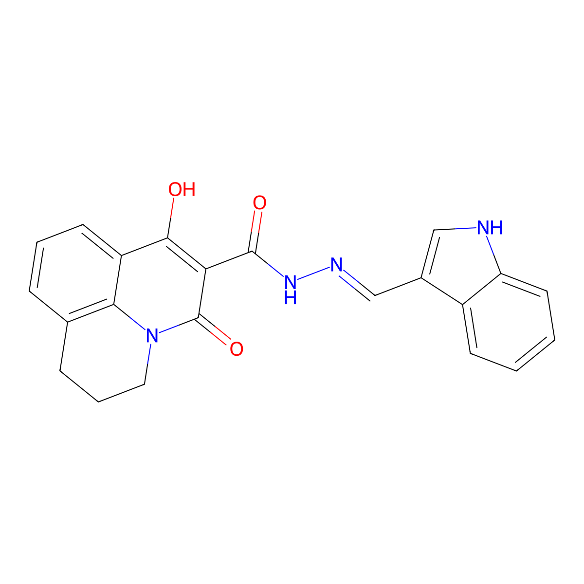 4-hydroxy-N'-[(1E)-(1H-indol-3-yl)methylidene]-2-oxo-1-azatricyclo[7.3.1.0^{5,13}]trideca-3,5(13),6,8-tetraene-3-carbohydrazide molecular structure, CAS 477868-67-0