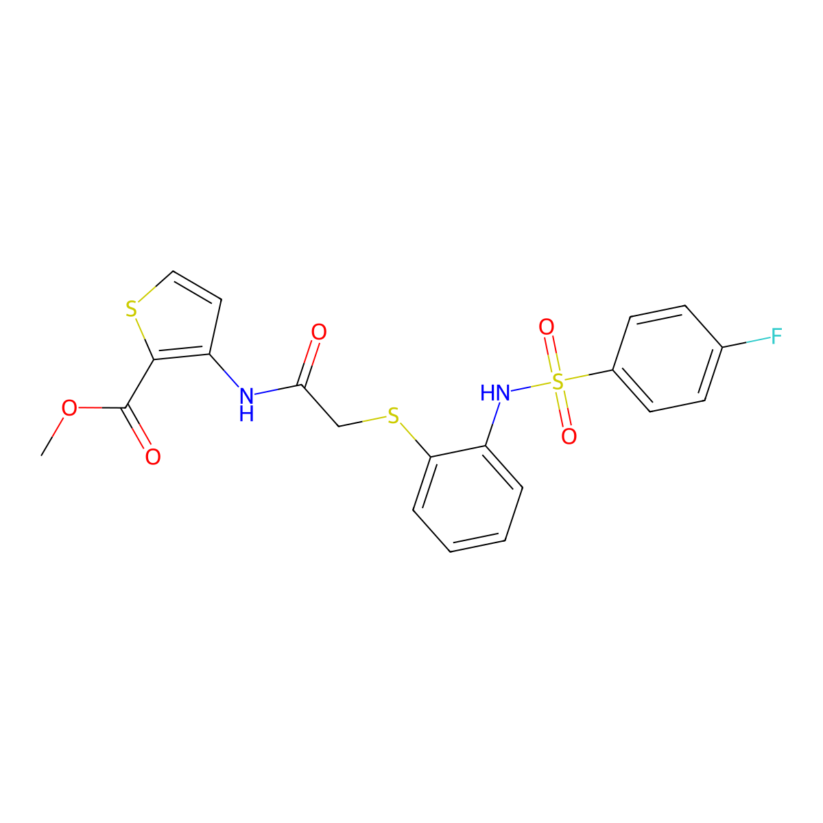 Methyl 3-({2-[(2-{[(4-fluorophenyl)sulfonyl]amino}phenyl)sulfanyl]acetyl}amino)-2-thiophenecarboxylate molecular structure, CAS 477869-08-2