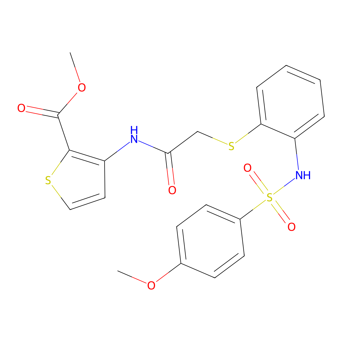 Methyl 3-({2-[(2-{[(4-methoxyphenyl)sulfonyl]amino}phenyl)sulfanyl]acetyl}amino)-2-thiophenecarboxylate molecular structure, CAS 477869-09-3