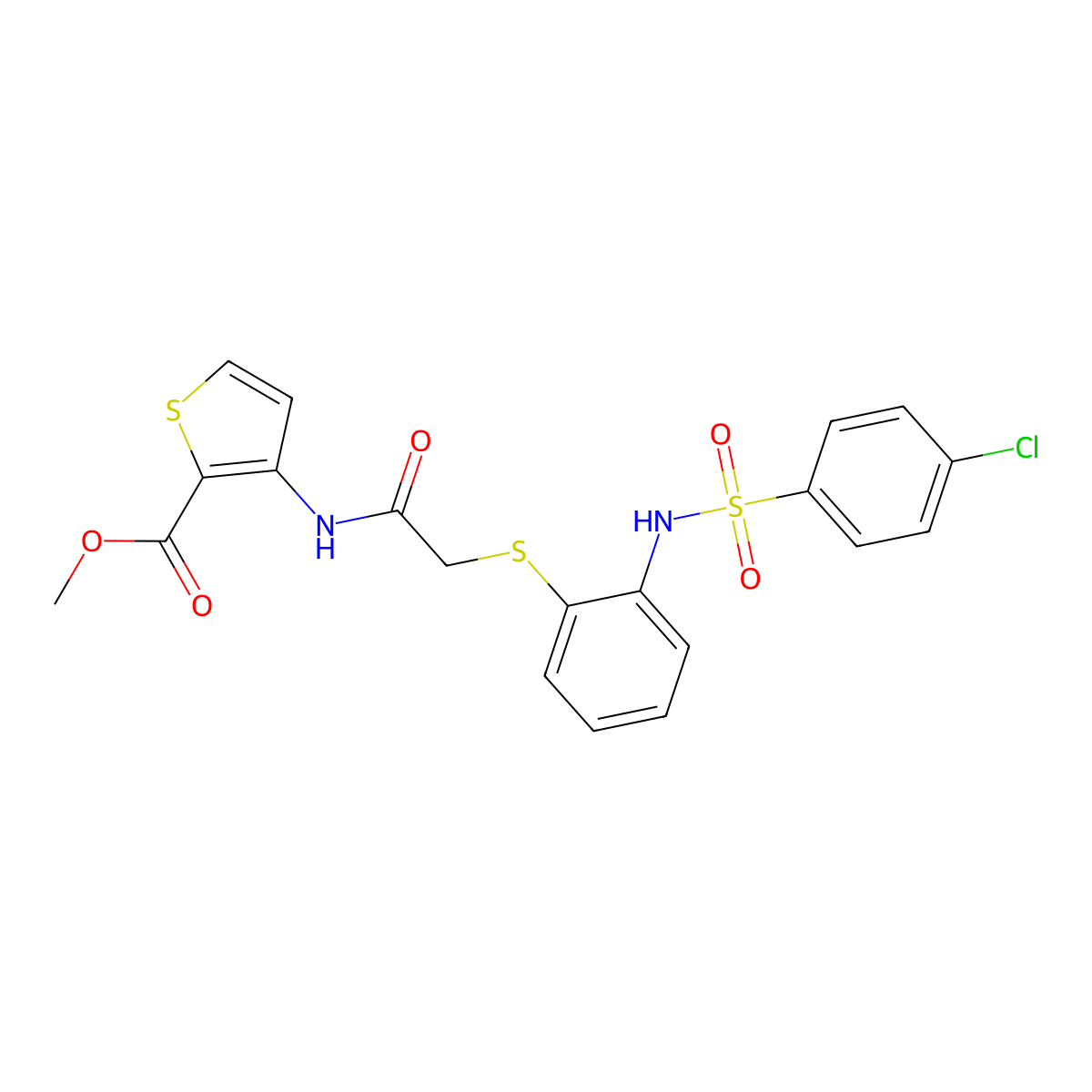 Methyl 3-({2-[(2-{[(4-chlorophenyl)sulfonyl]amino}phenyl)sulfanyl]acetyl}amino)-2-thiophenecarboxylate molecular structure, CAS 477869-11-7