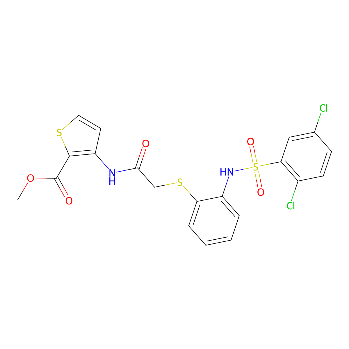 Methyl 3-({2-[(2-{[(2,5-dichlorophenyl)sulfonyl]amino}phenyl)sulfanyl]acetyl}amino)-2-thiophenecarboxylate molecular structure, CAS 477869-12-8