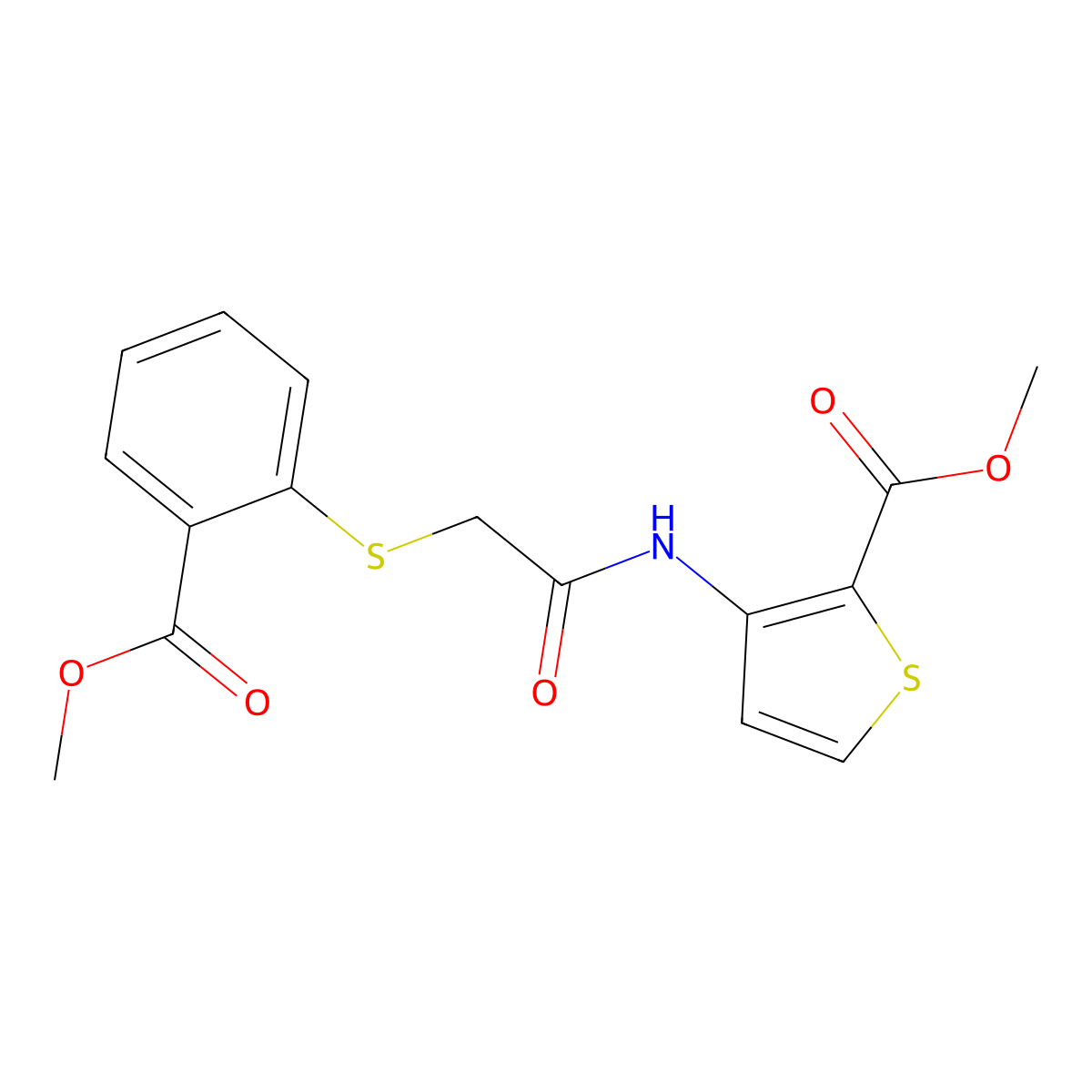 Methyl 3-[(2-{[2-(methoxycarbonyl)phenyl]sulfanyl}acetyl)amino]-2-thiophenecarboxylate molecular structure, CAS 477869-13-9