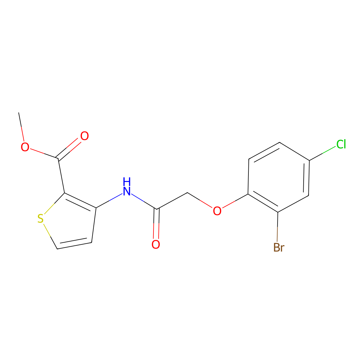 Methyl 3-(2-(2-bromo-4-chlorophenoxy)acetamido)thiophene-2-carboxylate molecular structure, CAS 477869-15-1