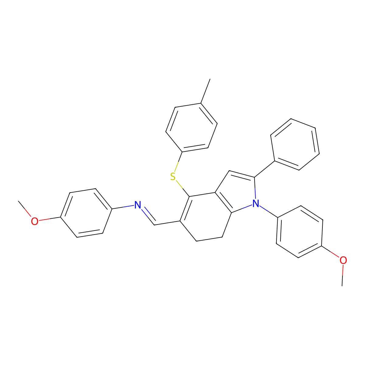 N-(4-methoxyphenyl)-N-((E)-{1-(4-methoxyphenyl)-4-[(4-methylphenyl)sulfanyl]-2-phenyl-6,7-dihydro-1H-indol-5-yl}methylidene)amine molecular structure, CAS 477869-20-8