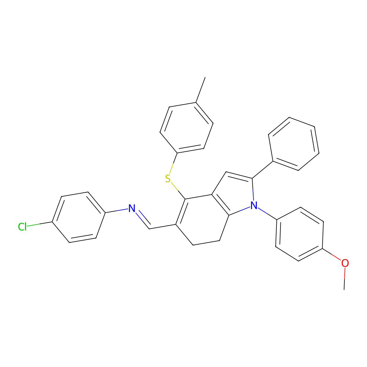 4-chloro-N-((E)-{1-(4-methoxyphenyl)-4-[(4-methylphenyl)sulfanyl]-2-phenyl-6,7-dihydro-1H-indol-5-yl}methylidene)aniline molecular structure, CAS 477869-22-0