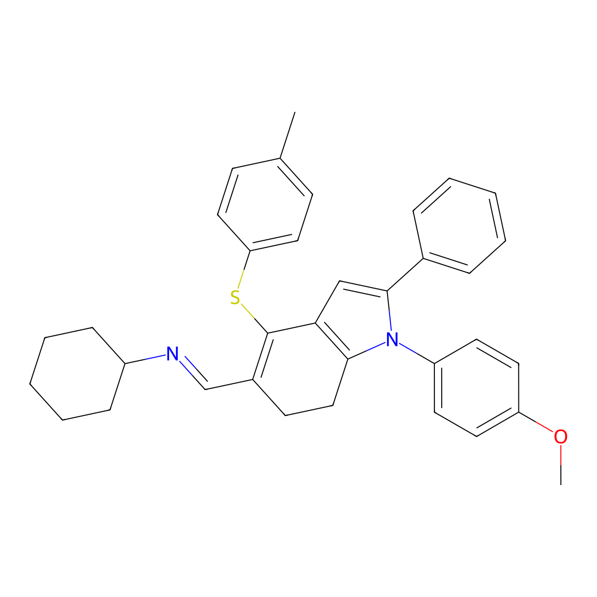 N-((E)-{1-(4-methoxyphenyl)-4-[(4-methylphenyl)sulfanyl]-2-phenyl-6,7-dihydro-1H-indol-5-yl}methylidene)cyclohexanamine molecular structure, CAS 477869-23-1