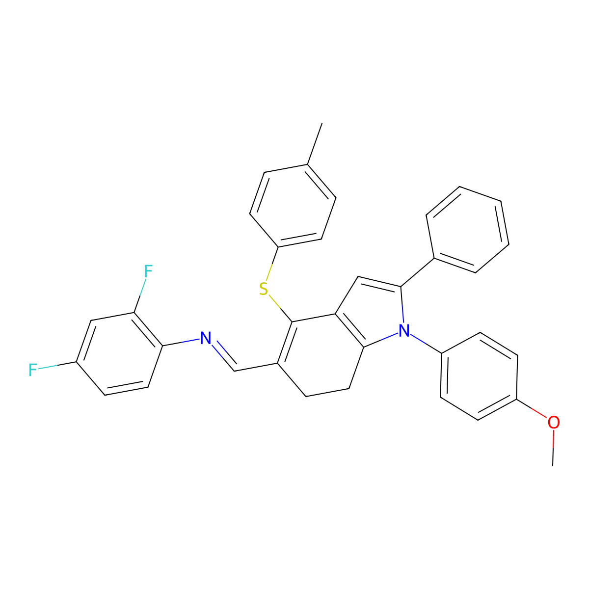 N-(2,4-difluorophenyl)-N-((E)-{1-(4-methoxyphenyl)-4-[(4-methylphenyl)sulfanyl]-2-phenyl-6,7-dihydro-1H-indol-5-yl}methylidene)amine molecular structure, CAS 477869-25-3