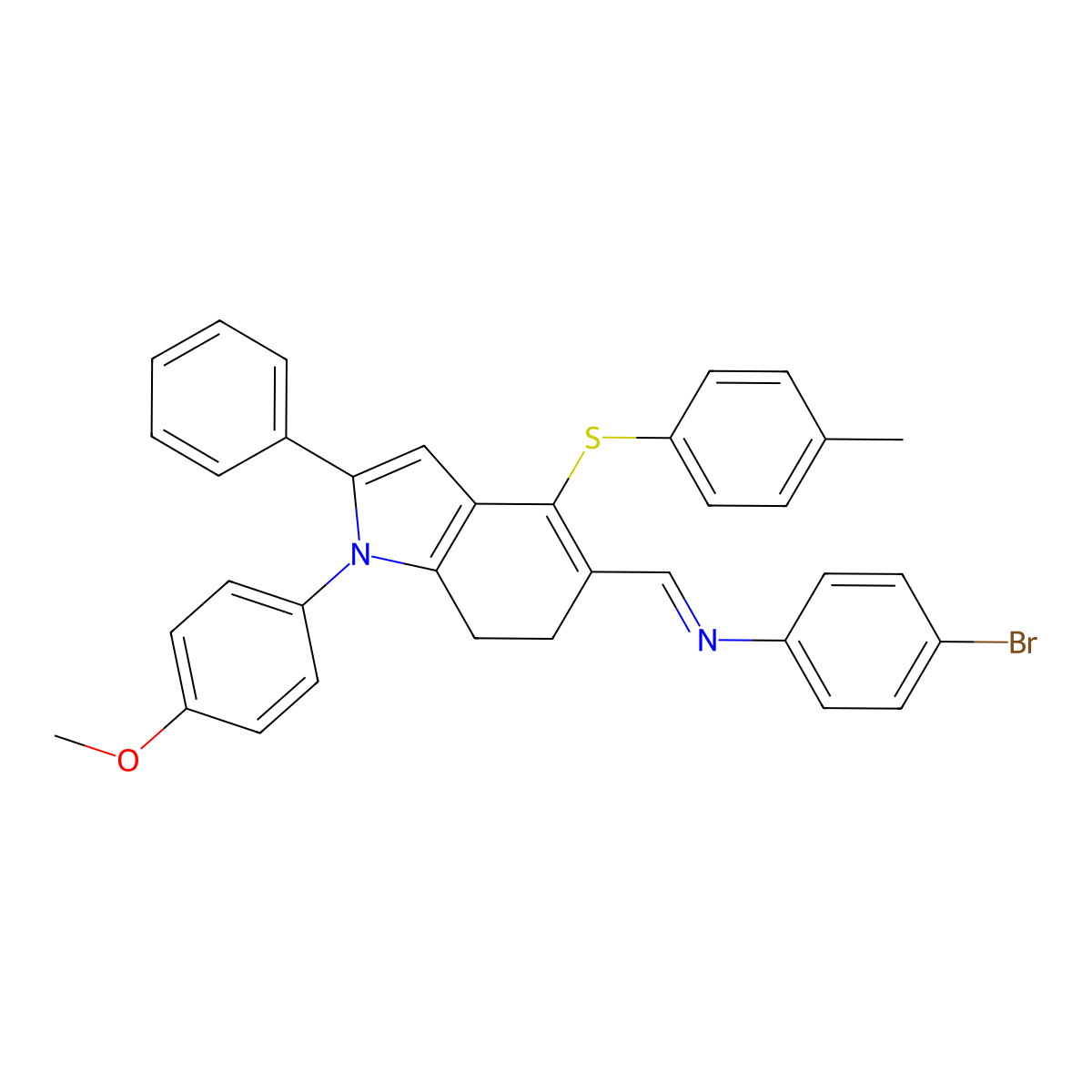 4-bromo-N-((E)-{1-(4-methoxyphenyl)-4-[(4-methylphenyl)sulfanyl]-2-phenyl-6,7-dihydro-1H-indol-5-yl}methylidene)aniline molecular structure, CAS 477869-26-4