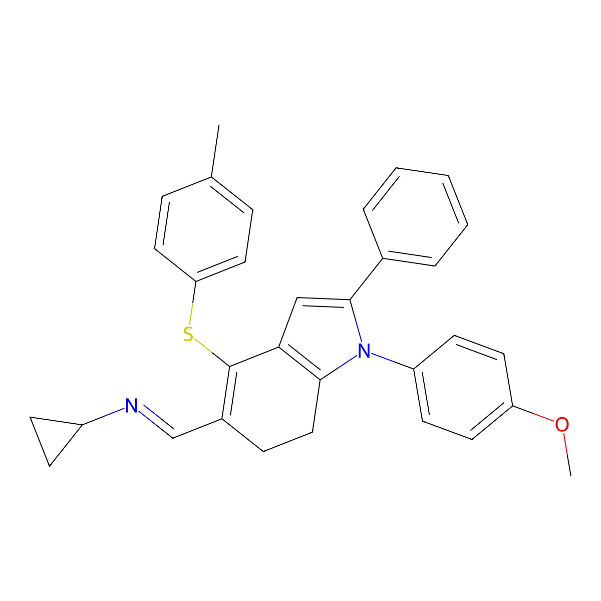 N-((E)-{1-(4-methoxyphenyl)-4-[(4-methylphenyl)sulfanyl]-2-phenyl-6,7-dihydro-1H-indol-5-yl}methylidene)cyclopropanamine molecular structure, CAS 477869-27-5