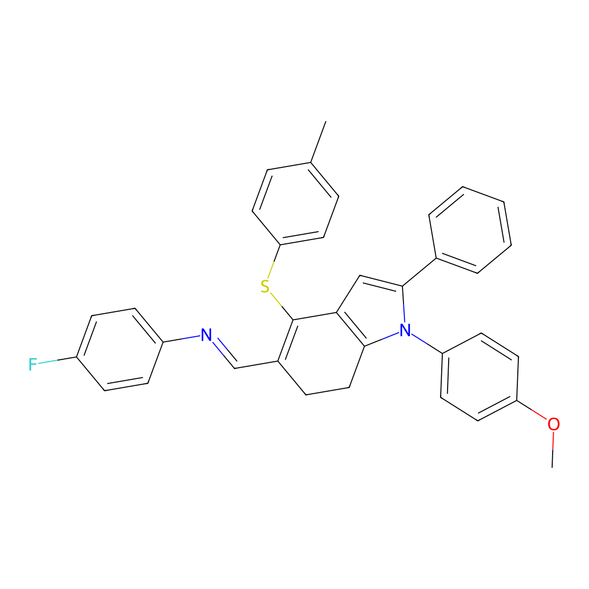 4-fluoro-N-((E)-{1-(4-methoxyphenyl)-4-[(4-methylphenyl)sulfanyl]-2-phenyl-6,7-dihydro-1H-indol-5-yl}methylidene)aniline molecular structure, CAS 477869-29-7