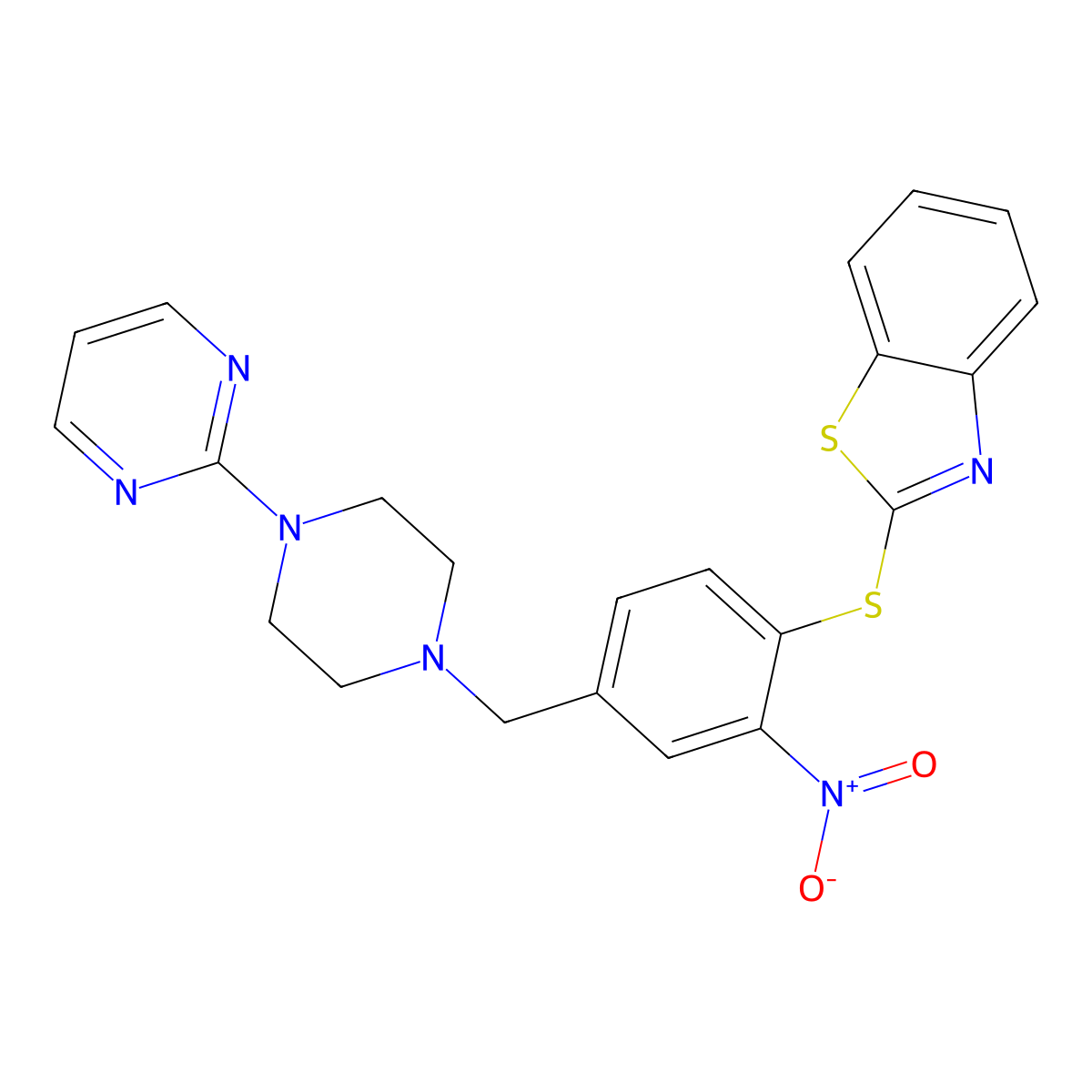 2-[(2-Nitro-4-{[4-(2-pyrimidinyl)piperazino]methyl}phenyl)sulfanyl]-1,3-benzothiazole molecular structure, CAS 477869-48-0
