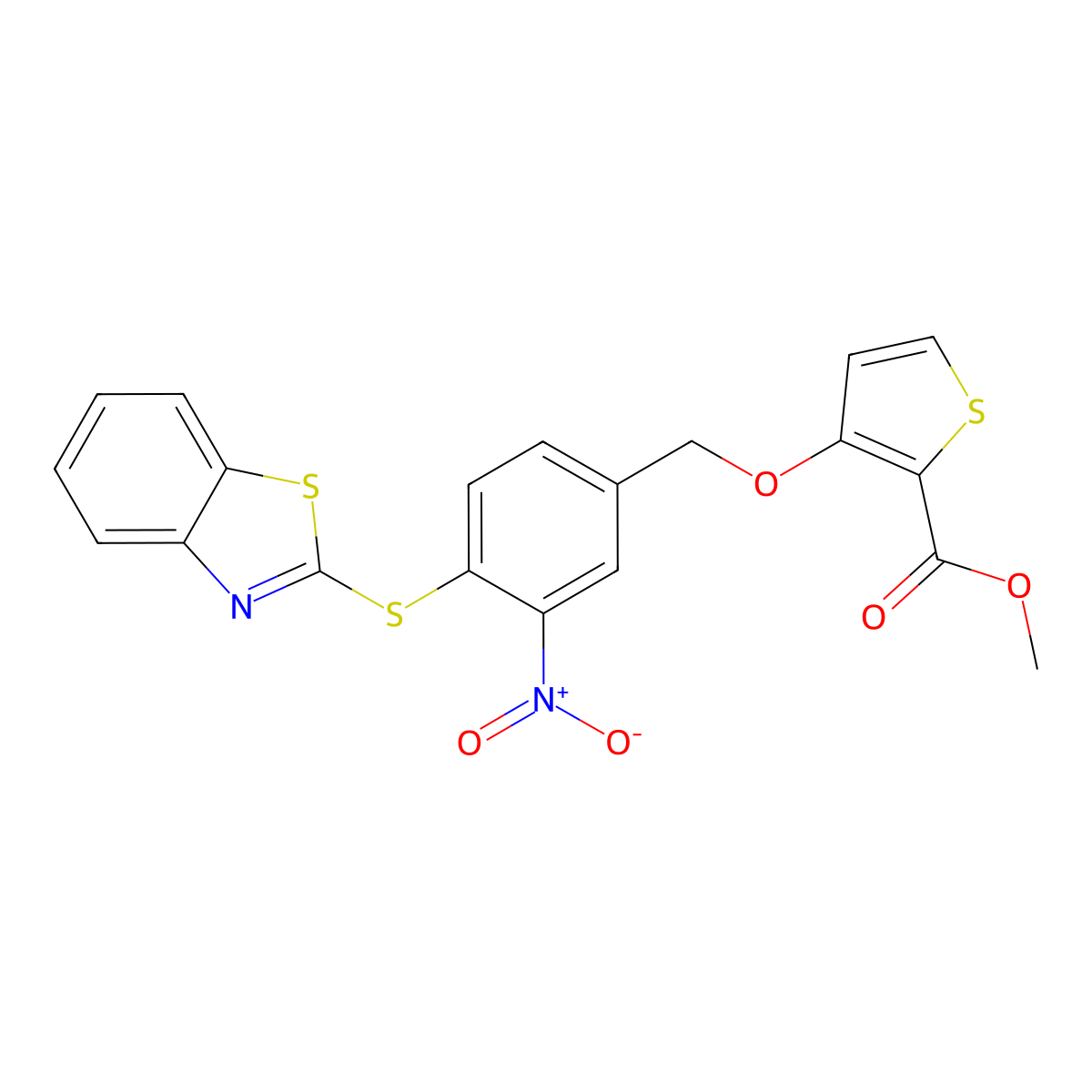 Methyl 3-{[4-(1,3-benzothiazol-2-ylsulfanyl)-3-nitrobenzyl]oxy}-2-thiophenecarboxylate molecular structure, CAS 477869-57-1