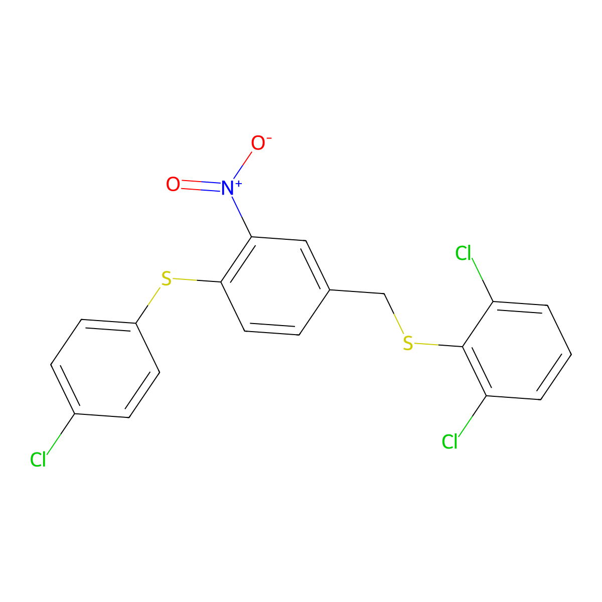 1,3-Dichloro-2-({4-[(4-chlorophenyl)sulfanyl]-3-nitrobenzyl}sulfanyl)benzene molecular structure, CAS 477869-65-1