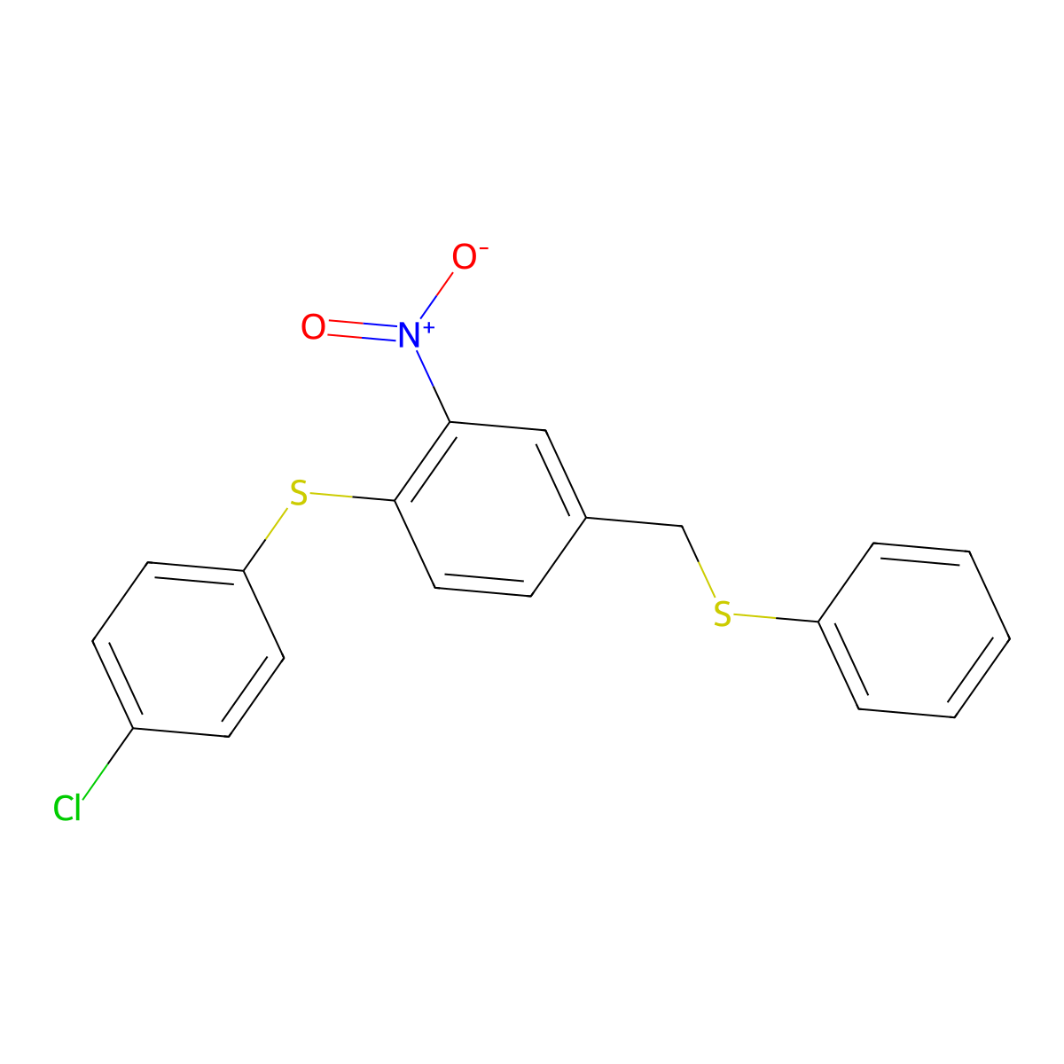 4-Chlorophenyl 2-nitro-4-[(phenylsulfanyl)methyl]phenyl sulfide molecular structure, CAS 477869-67-3