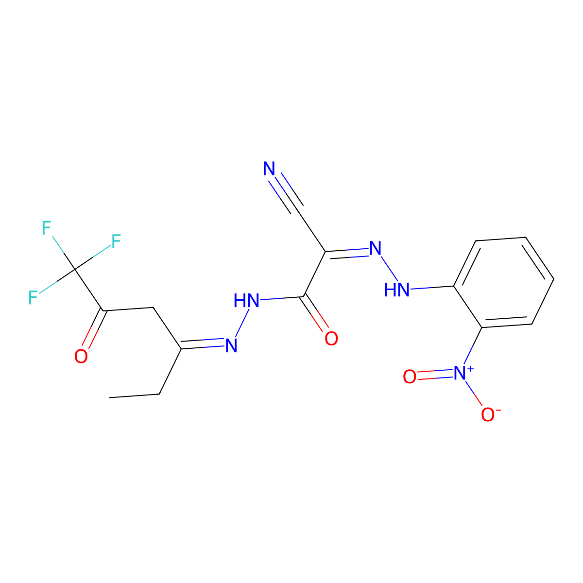 2-cyano-N'-[(E)-1-ethyl-4,4,4-trifluoro-3-oxobutylidene]-2-[(E)-2-(2-nitrophenyl)hydrazono]acetohydrazide molecular structure, CAS 477870-79-4