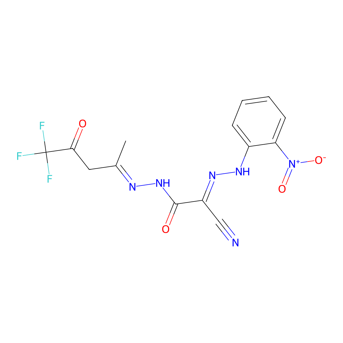 2-cyano-2-[(E)-2-(2-nitrophenyl)hydrazono]-N'-[(E)-4,4,4-trifluoro-1-methyl-3-oxobutylidene]acetohydrazide molecular structure, CAS 477870-87-4