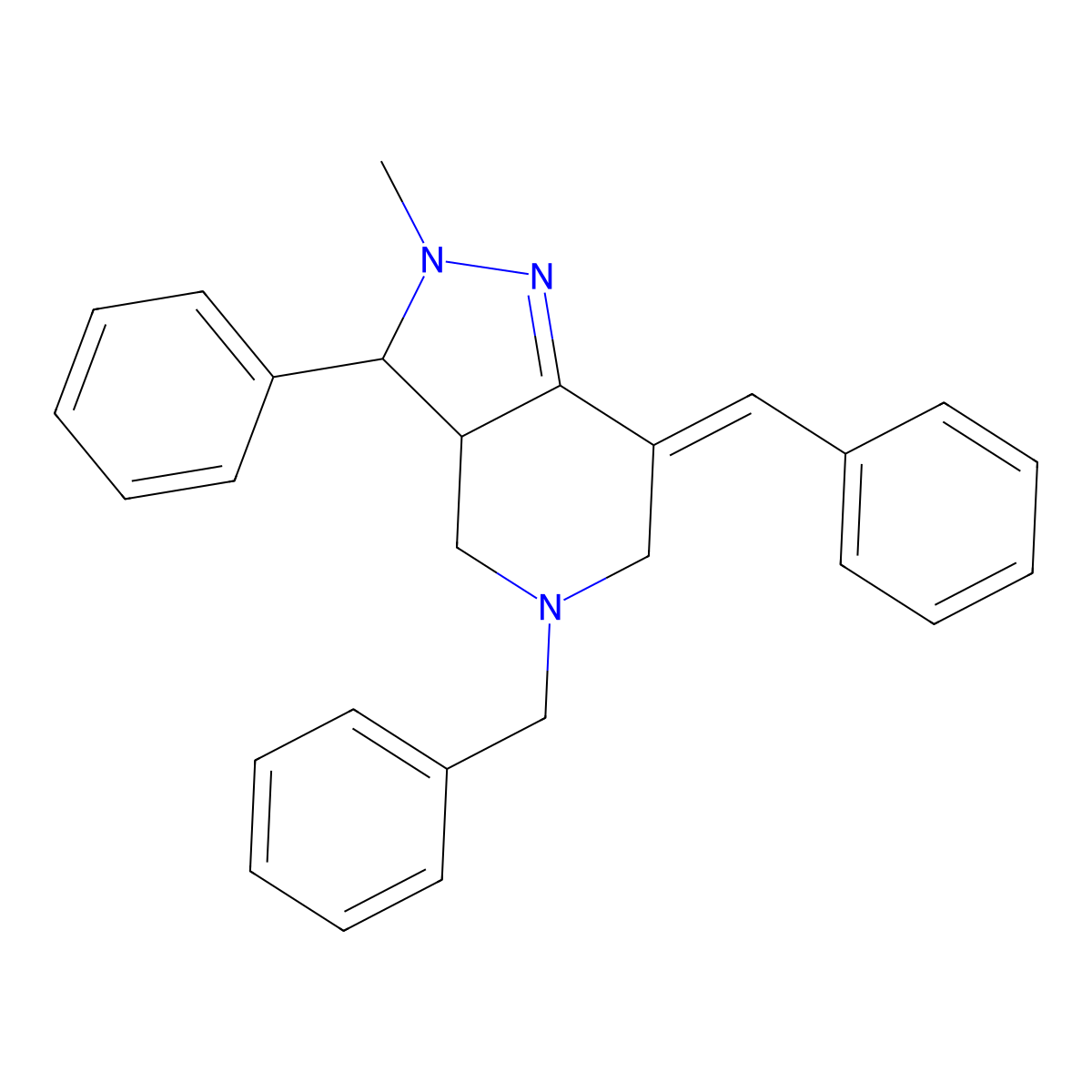 5-benzyl-2-methyl-3-phenyl-7-[(E)-phenylmethylidene]-3,3a,4,5,6,7-hexahydro-2H-pyrazolo[4,3-c]pyridine molecular structure, CAS 477871-31-1