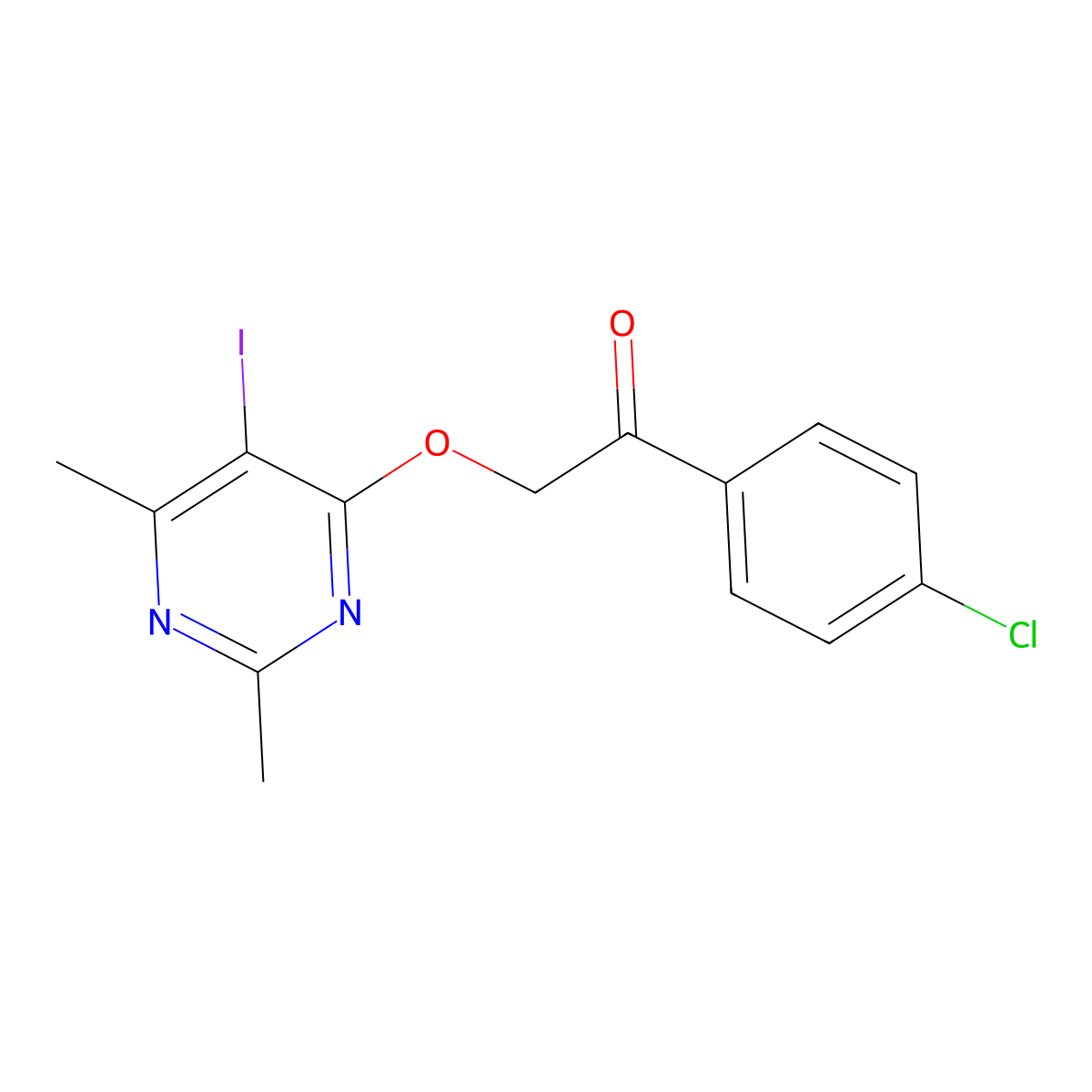1-(4-Chlorophenyl)-2-[(5-iodo-2,6-dimethyl-4-pyrimidinyl)oxy]-1-ethanone molecular structure, CAS 477871-93-5