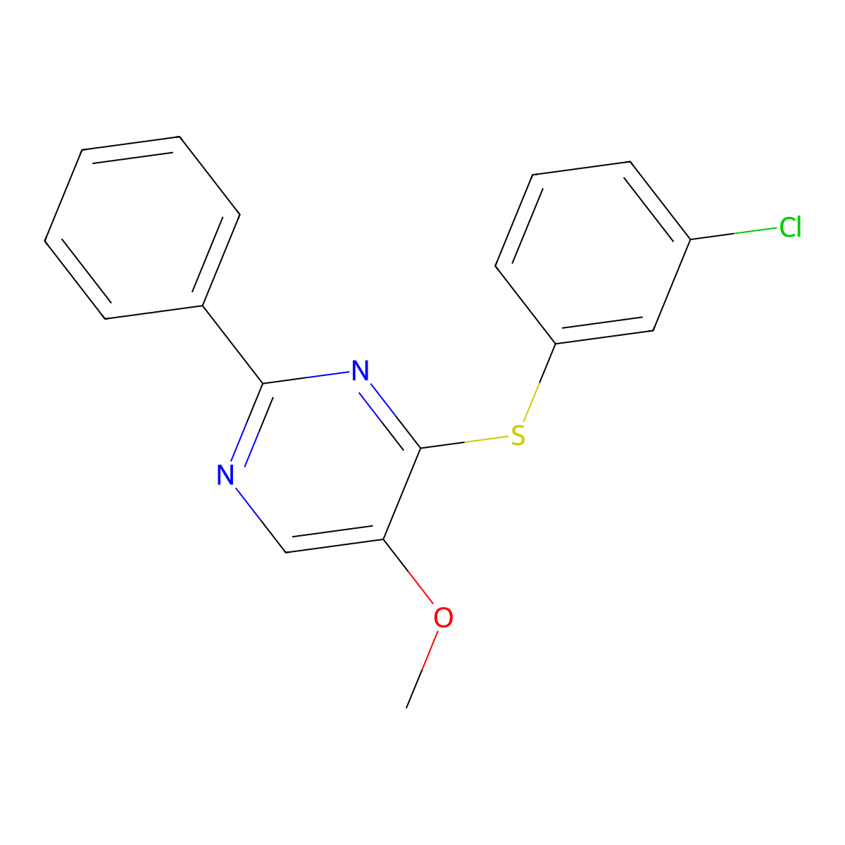 4-[(3-Chlorophenyl)sulfanyl]-2-phenyl-5-pyrimidinyl methyl ether molecular structure, CAS 477872-58-5