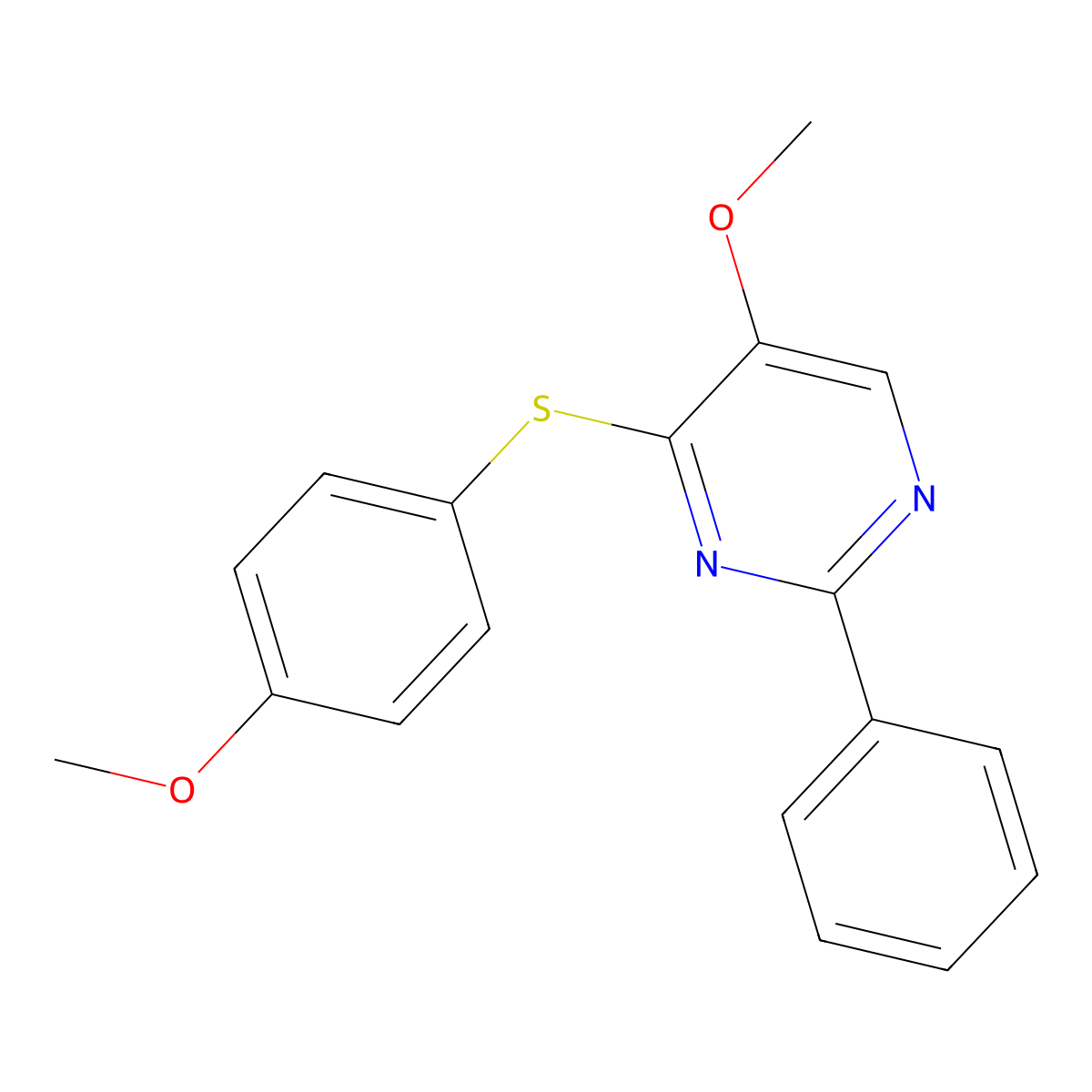 5-Methoxy-4-[(4-methoxyphenyl)sulfanyl]-2-phenylpyrimidine molecular structure, CAS 477872-59-6