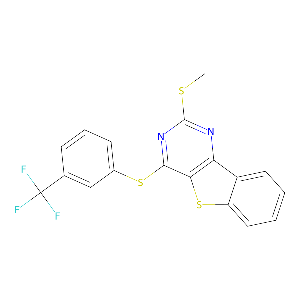 2-(Methylsulfanyl)-4-{[3-(trifluoromethyl)phenyl]sulfanyl}[1]benzothieno[3,2-d]pyrimidine molecular structure, CAS 477872-84-7