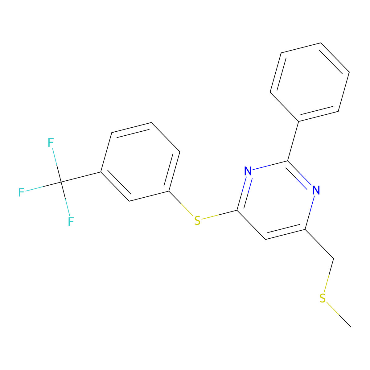 4-((Methylsulfanyl)methyl)-2-phenyl-6-((3-(trifluoromethyl)phenyl)sulfanyl)pyrimidine molecular structure, CAS 477886-16-1