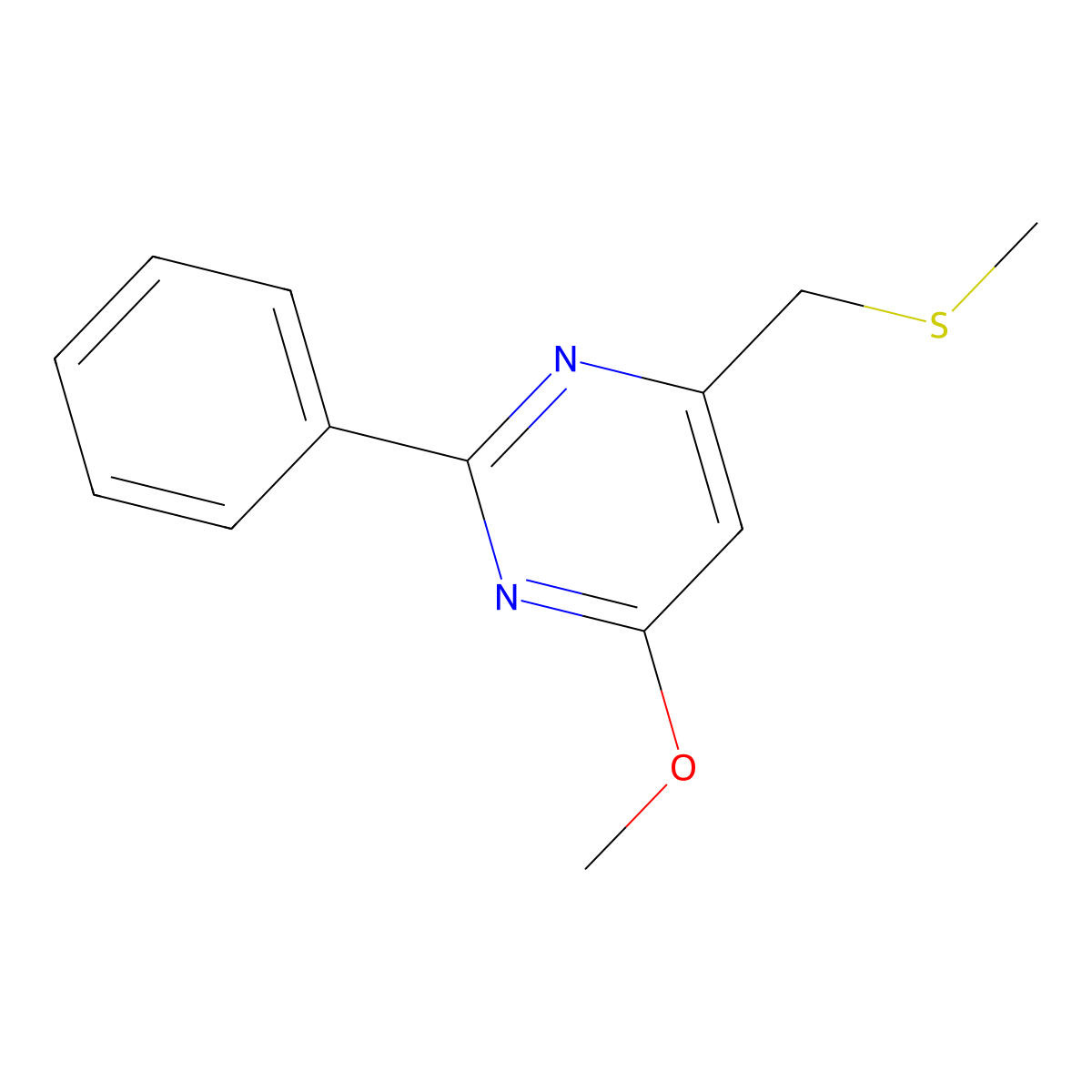 4-Methoxy-6-((methylsulfanyl)methyl)-2-phenylpyrimidine molecular structure, CAS 477886-17-2