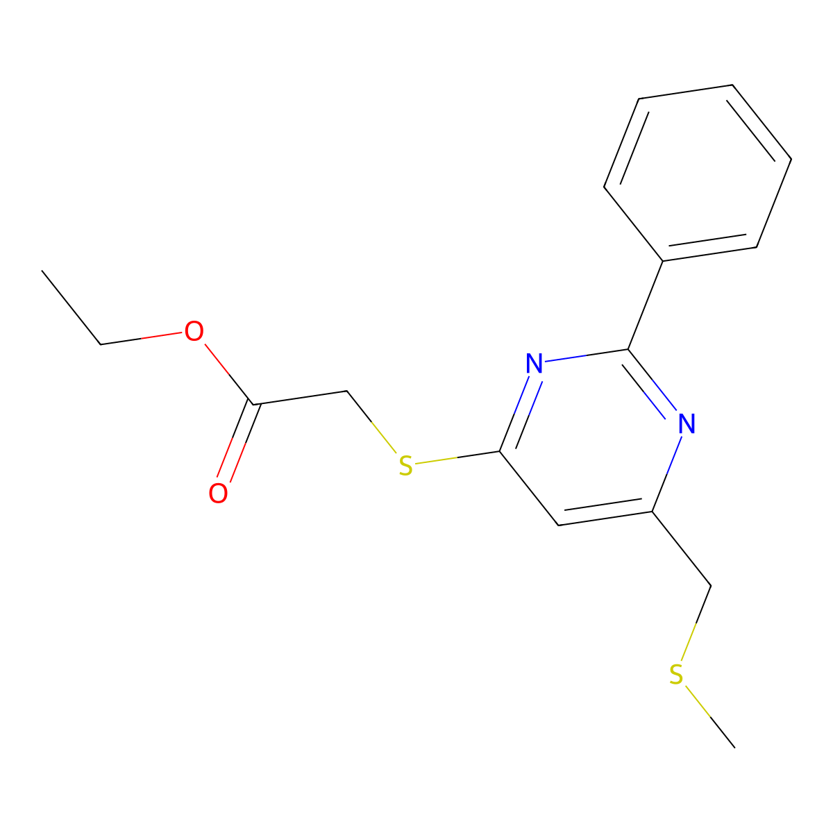 Ethyl 2-({6-[(methylsulfanyl)methyl]-2-phenyl-4-pyrimidinyl}sulfanyl)acetate molecular structure, CAS 477886-22-9