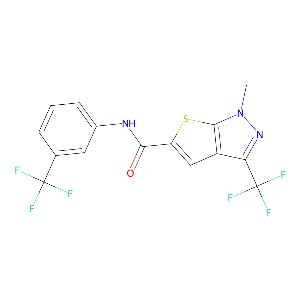 1-methyl-3-(trifluoromethyl)-N-[3-(trifluoromethyl)phenyl]-1H-thieno[2,3-c]pyrazole-5-carboxamide molecular structure, CAS 477886-35-4