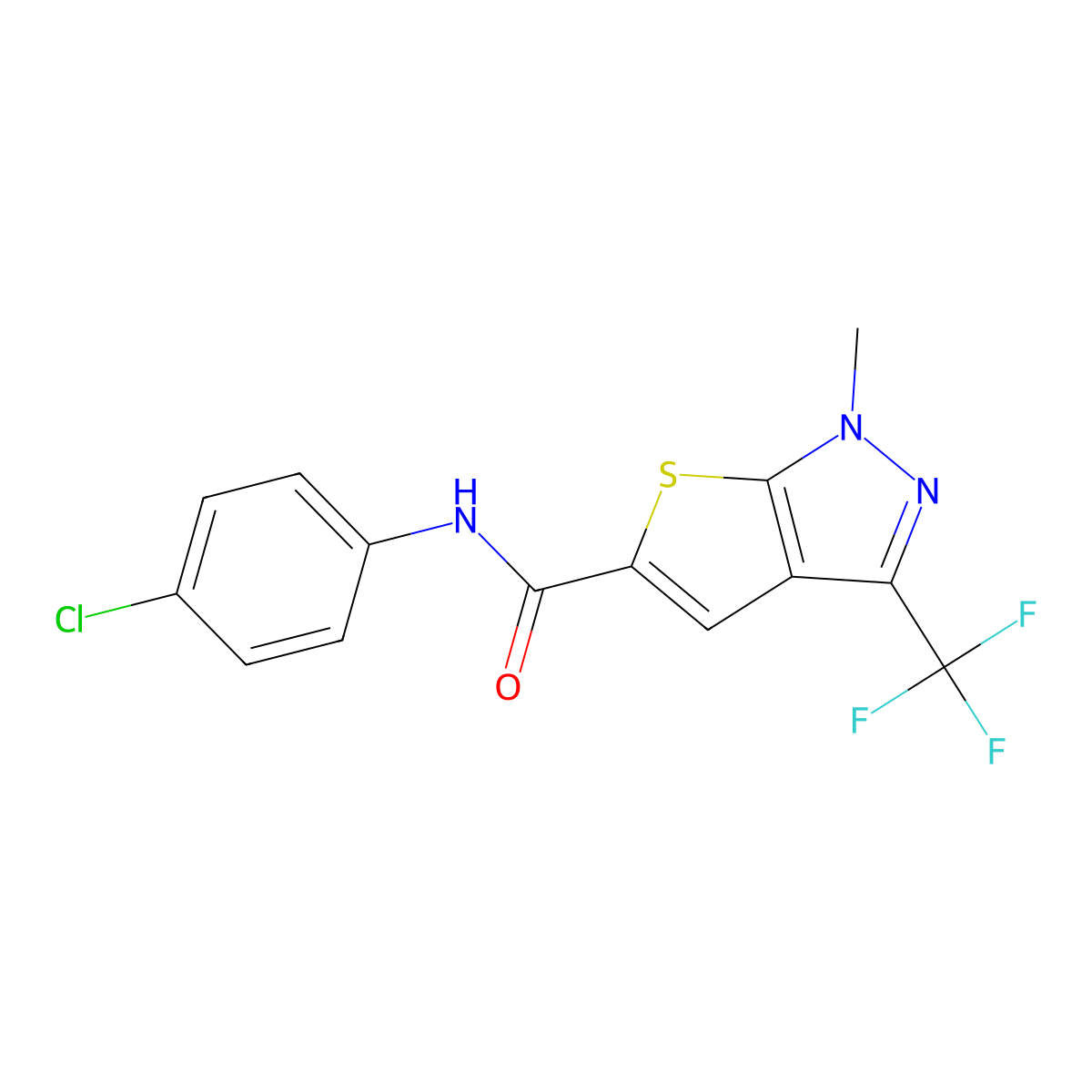 N-(4-chlorophenyl)-1-methyl-3-(trifluoromethyl)-1H-thieno[2,3-c]pyrazole-5-carboxamide molecular structure, CAS 477886-36-5