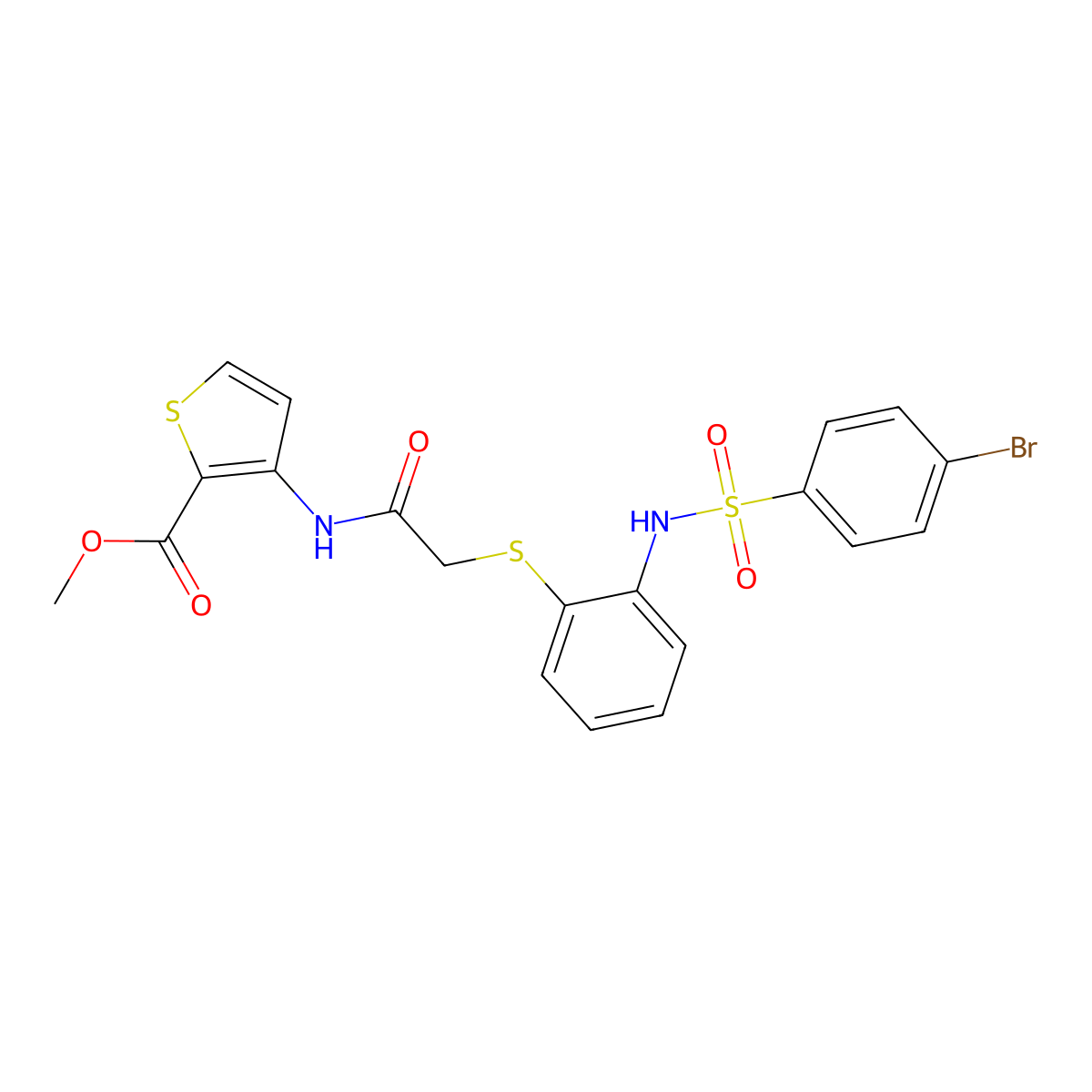 Methyl 3-({2-[(2-{[(4-bromophenyl)sulfonyl]amino}phenyl)sulfanyl]acetyl}amino)-2-thiophenecarboxylate molecular structure, CAS 477887-55-1