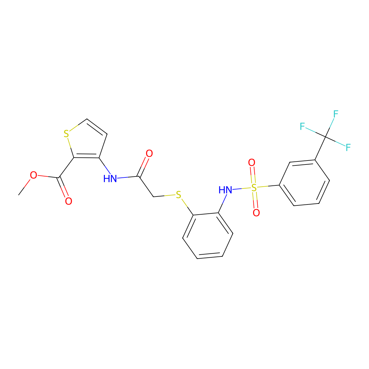 Methyl 3-[(2-{[2-({[3-(trifluoromethyl)phenyl]sulfonyl}amino)phenyl]sulfanyl}acetyl)amino]-2-thiophenecarboxylate molecular structure, CAS 477887-56-2