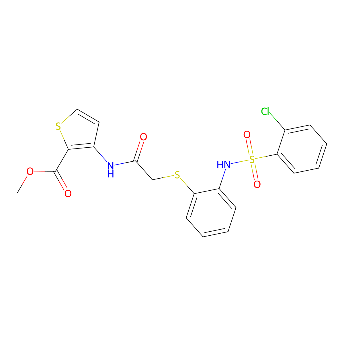 Methyl 3-({2-[(2-{[(2-chlorophenyl)sulfonyl]amino}phenyl)sulfanyl]acetyl}amino)-2-thiophenecarboxylate molecular structure, CAS 477887-57-3
