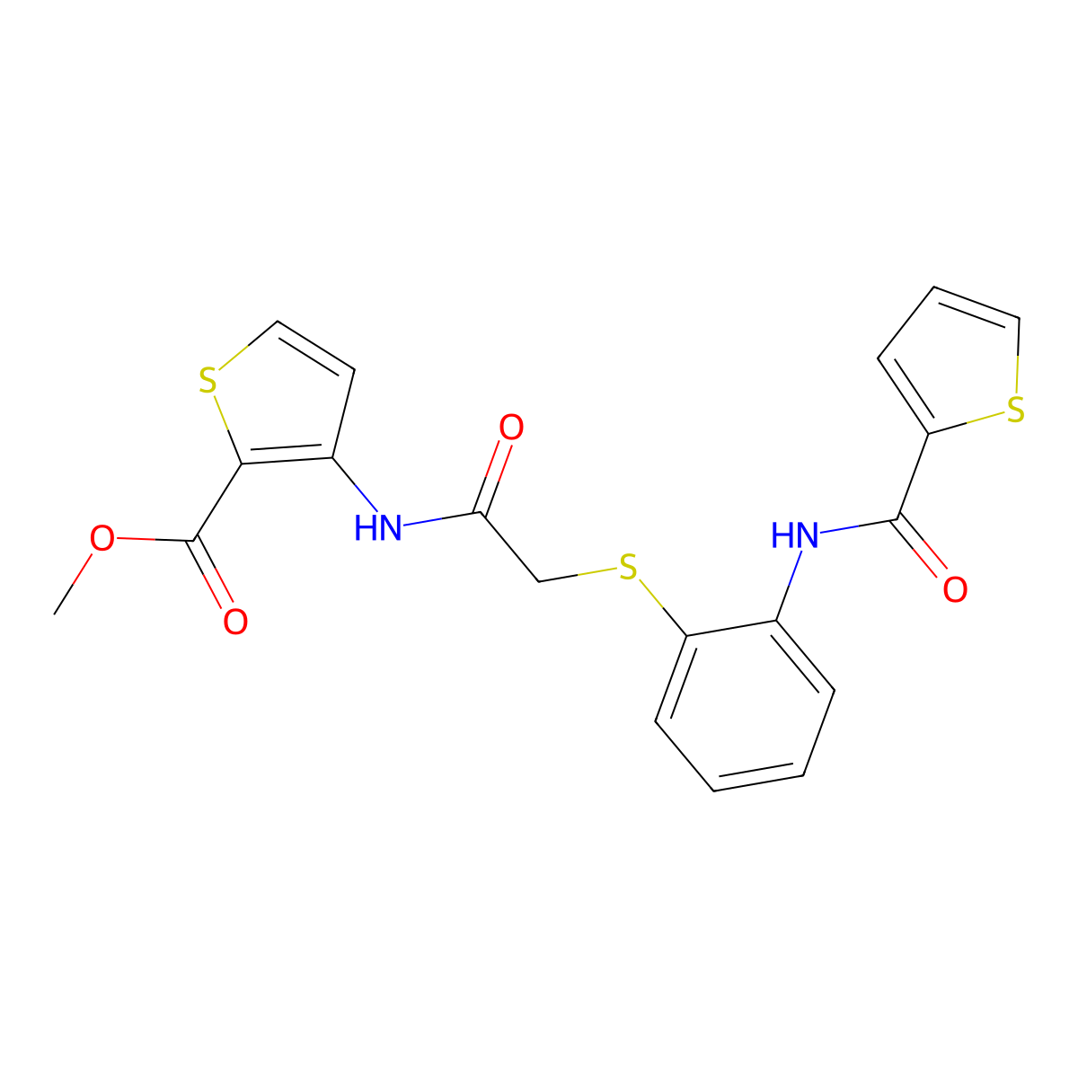 Methyl 3-[[2-[2-(thiophene-2-carbonylamino)phenyl]sulfanylacetyl]amino]thiophene-2-carboxylate molecular structure, CAS 477887-58-4