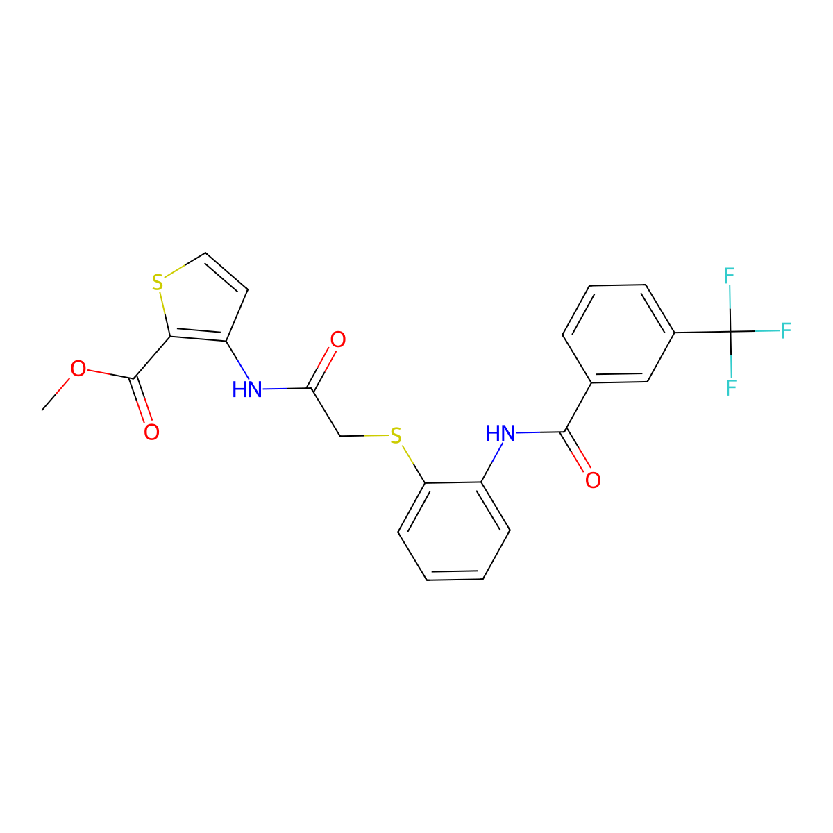 Methyl 3-({2-[(2-{[3-(trifluoromethyl)benzoyl]amino}phenyl)sulfanyl]acetyl}amino)-2-thiophenecarboxylate molecular structure, CAS 477887-59-5
