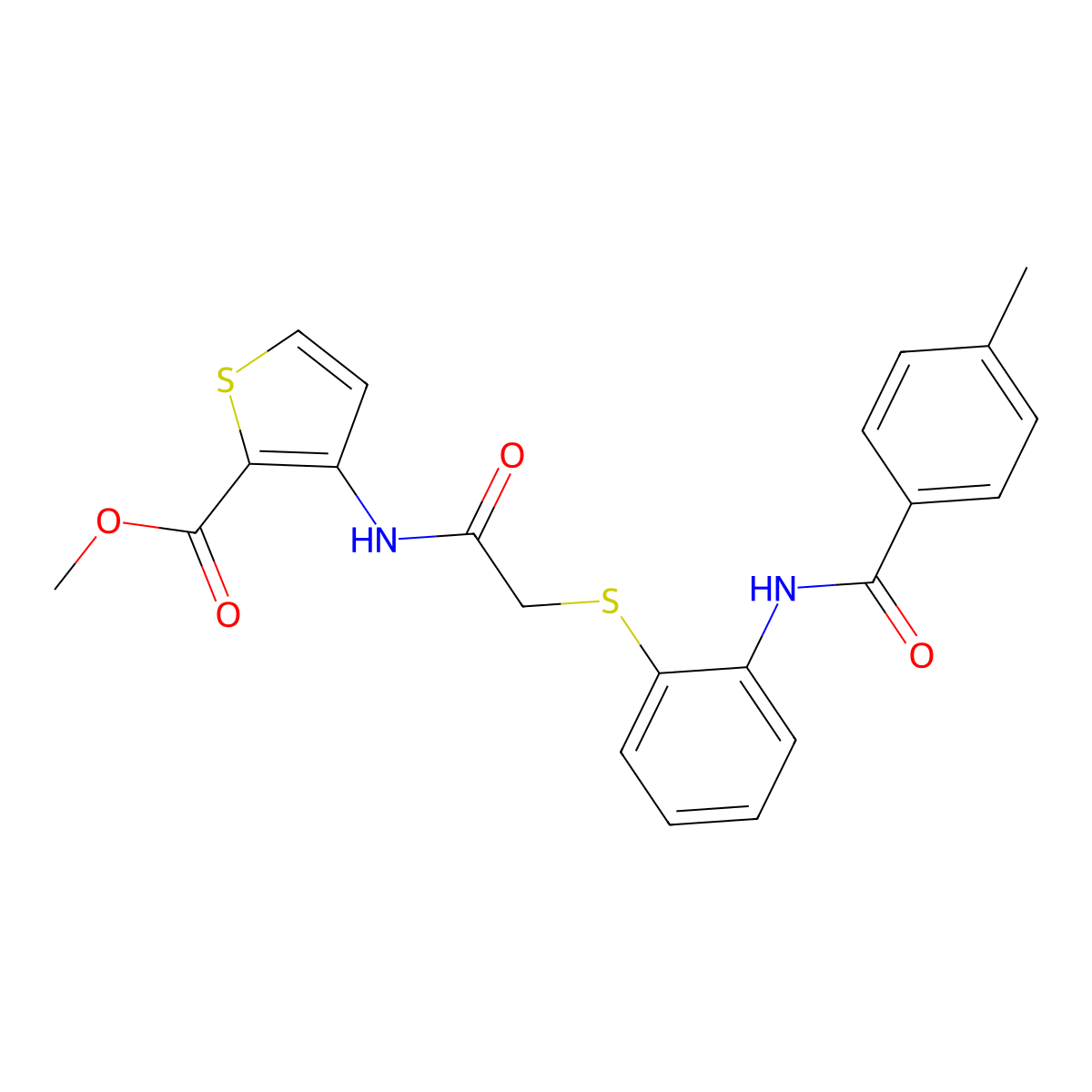 Methyl 3-[[2-[2-[(4-methylbenzoyl)amino]phenyl]sulfanylacetyl]amino]thiophene-2-carboxylate molecular structure, CAS 477887-60-8