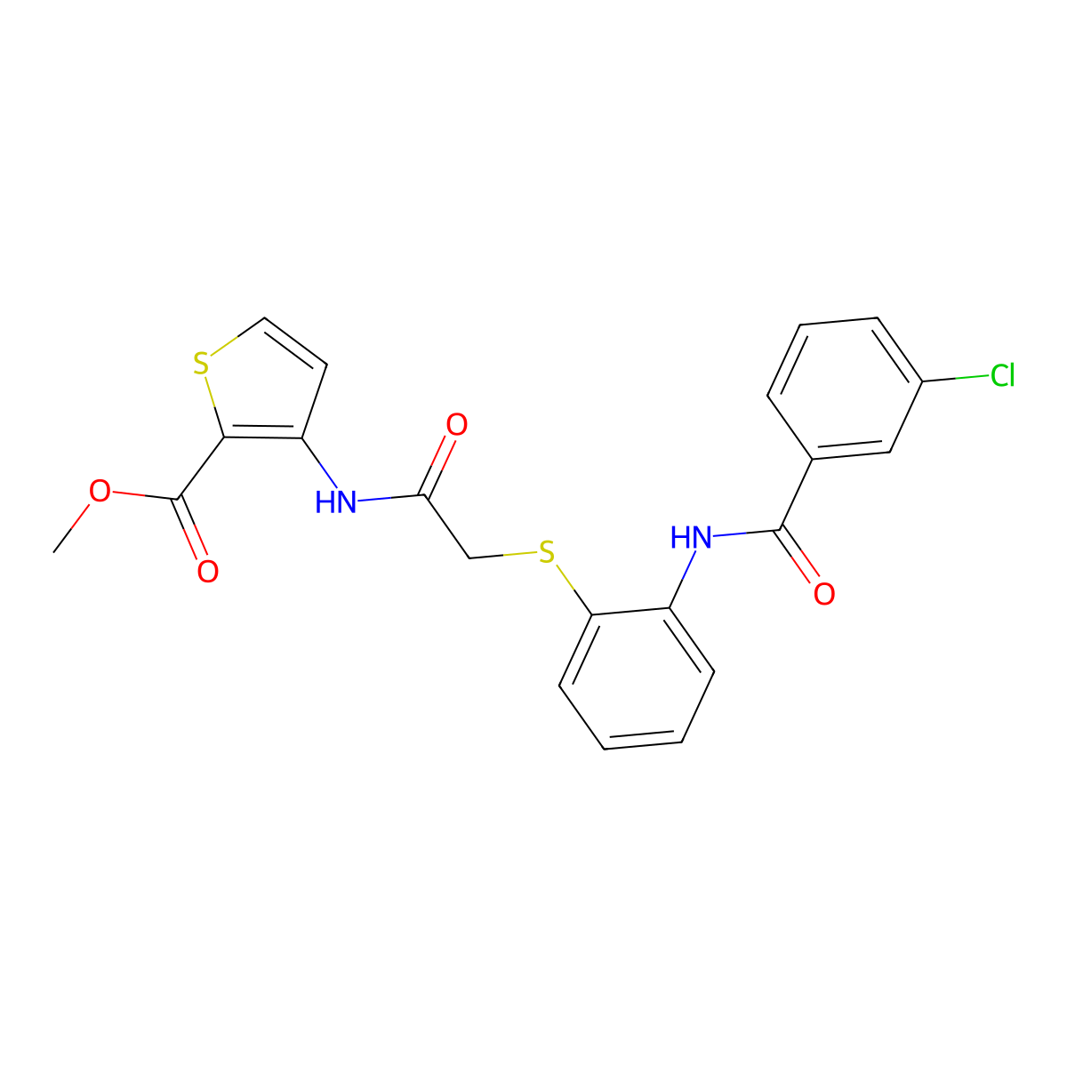 Methyl 3-[[2-[2-[(3-chlorobenzoyl)amino]phenyl]sulfanylacetyl]amino]thiophene-2-carboxylate molecular structure, CAS 477887-61-9