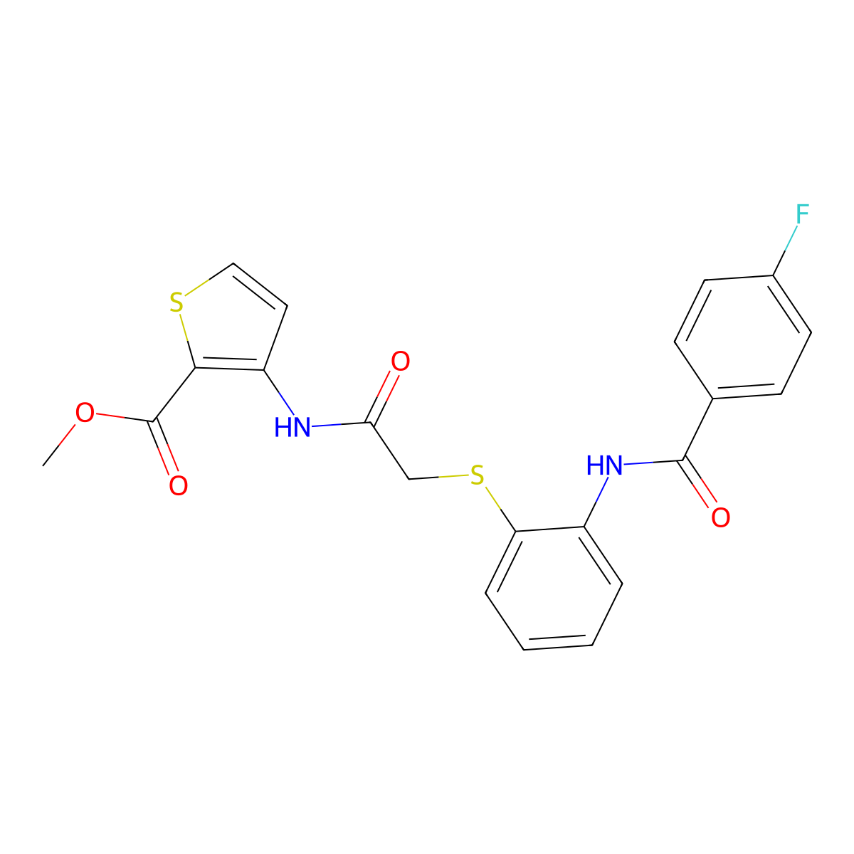 Methyl 3-[[2-[2-[(4-fluorobenzoyl)amino]phenyl]sulfanylacetyl]amino]thiophene-2-carboxylate molecular structure, CAS 477887-62-0