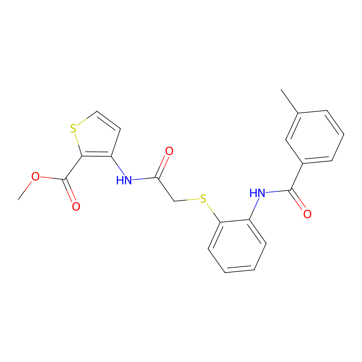 Methyl 3-[[2-[2-[(3-methylbenzoyl)amino]phenyl]sulfanylacetyl]amino]thiophene-2-carboxylate molecular structure, CAS 477887-63-1