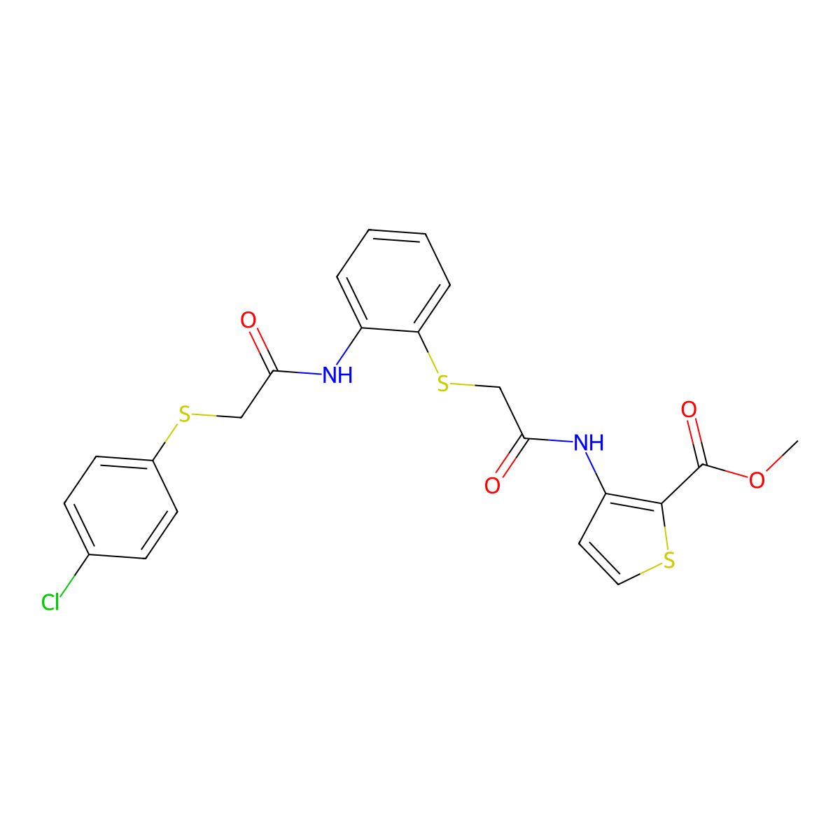 Methyl 3-[(2-{[2-({2-[(4-chlorophenyl)sulfanyl]acetyl}amino)phenyl]sulfanyl}acetyl)amino]-2-thiophenecarboxylate molecular structure, CAS 477887-69-7