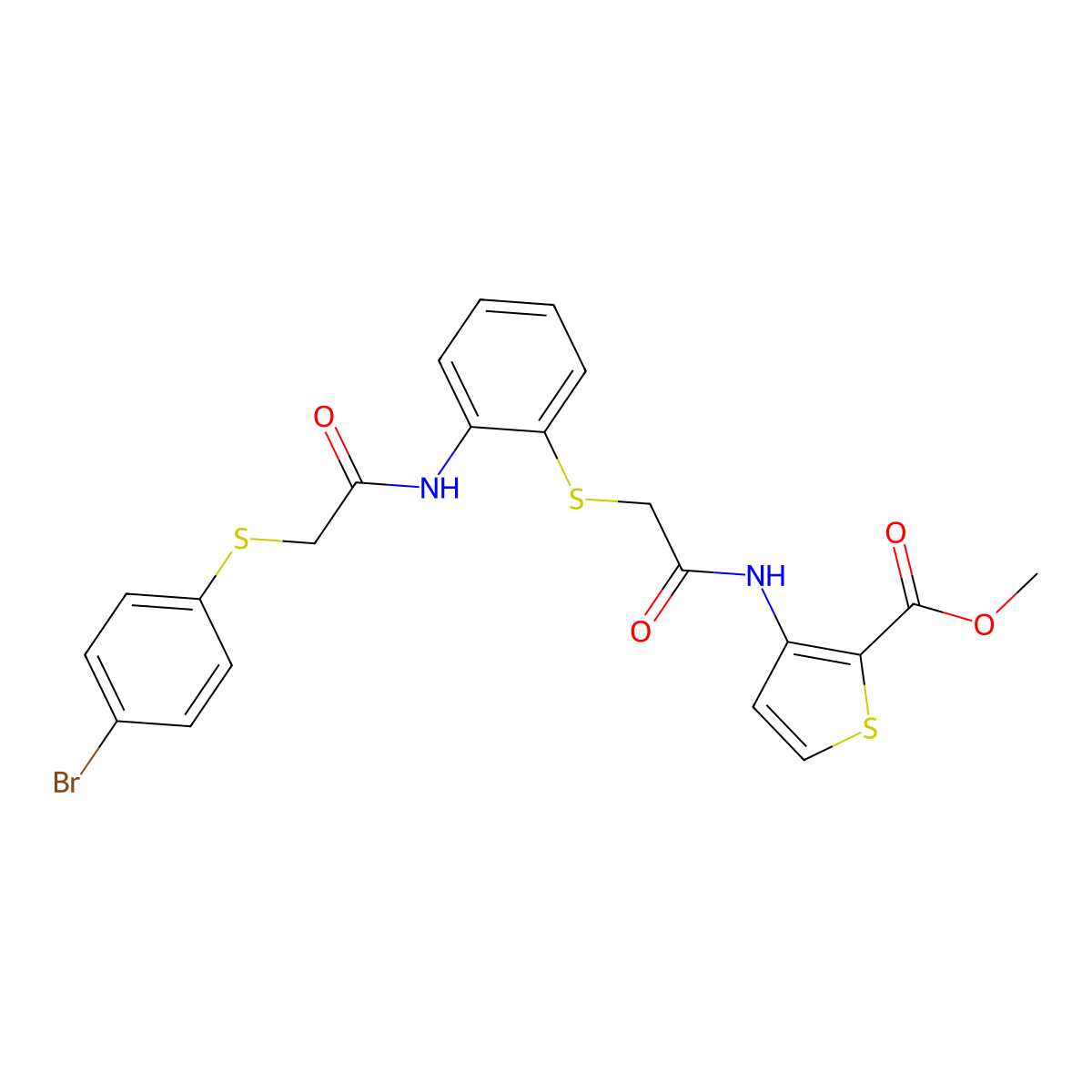 Methyl 3-[(2-{[2-({2-[(4-bromophenyl)sulfanyl]acetyl}amino)phenyl]sulfanyl}acetyl)amino]-2-thiophenecarboxylate molecular structure, CAS 477887-70-0