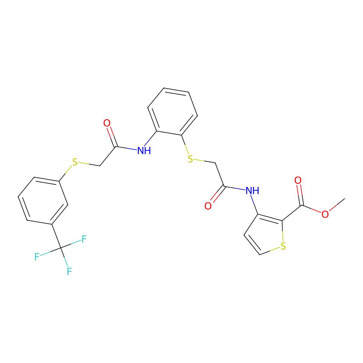 Methyl 3-{[2-({2-[(2-{[3-(trifluoromethyl)phenyl]sulfanyl}acetyl)amino]phenyl}sulfanyl)acetyl]amino}-2-thiophenecarboxylate molecular structure, CAS 477887-74-4