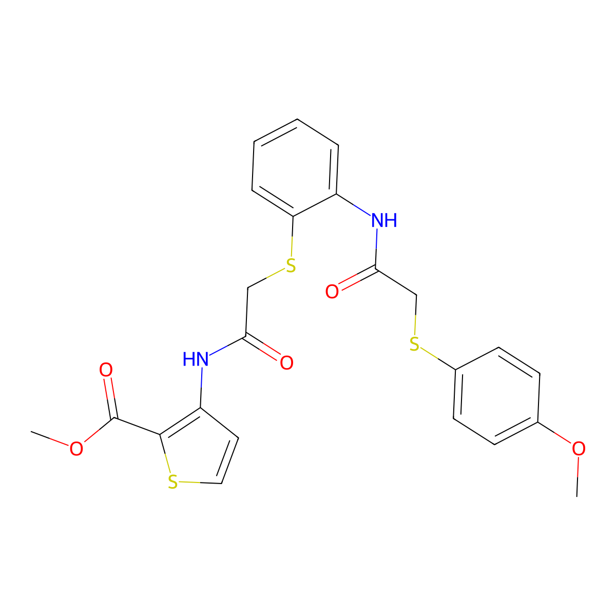 Methyl 3-[(2-{[2-({2-[(4-methoxyphenyl)sulfanyl]acetyl}amino)phenyl]sulfanyl}acetyl)amino]-2-thiophenecarboxylate molecular structure, CAS 477887-75-5