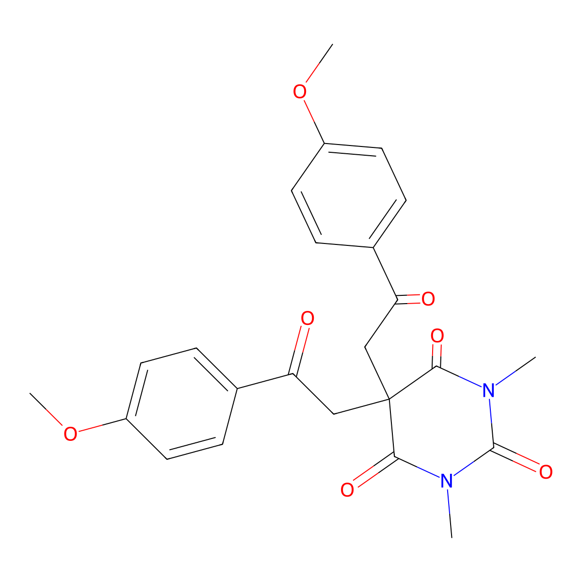 5,5-bis[2-(4-methoxyphenyl)-2-oxoethyl]-1,3-dimethyl-2,4,6(1H,3H,5H)-pyrimidinetrione molecular structure, CAS 477888-64-5