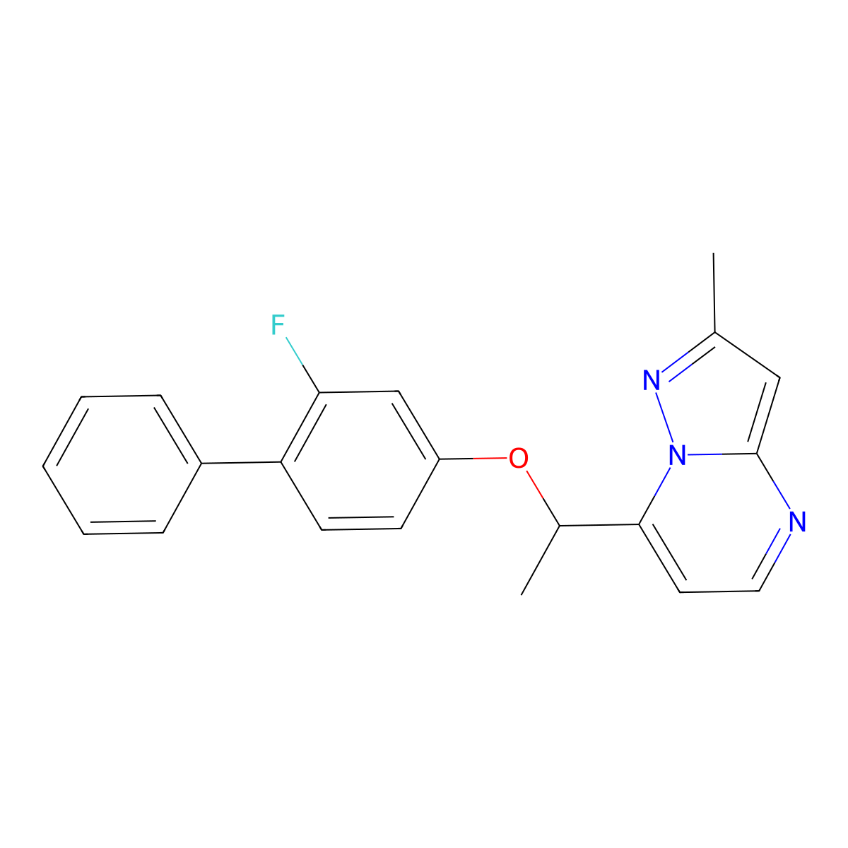 2-Fluoro[1,1'-biphenyl]-4-YL 1-(2-methylpyrazolo[1,5-A]pyrimidin-7-YL)ethyl ether molecular structure, CAS 477888-66-7