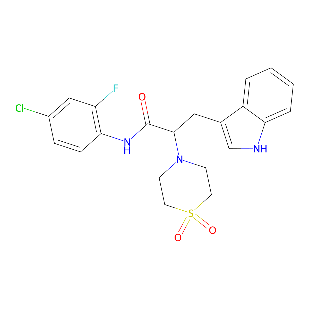 N-(4-chloro-2-fluorophenyl)-2-(1,1-dioxo-1lambda~6~,4-thiazinan-4-yl)-3-(1H-indol-3-yl)propanamide molecular structure, CAS 477889-68-2